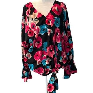 Vintage 90s Juicy Couture Asymmetrical Peplum Drape Balloon Sleeve Floral Blouse
